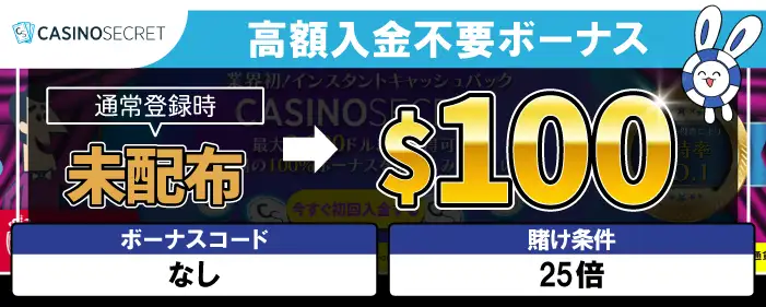 カジノシークレット(casinosecret)高額入金不要ボーナス