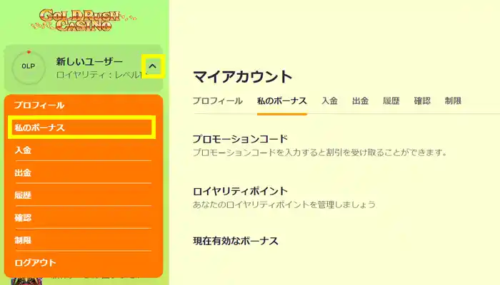ゴールドラッシュカジノ入金不要ボーナス登録方法5