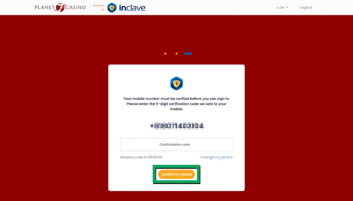 Planet7カジノの電話番号認証画面