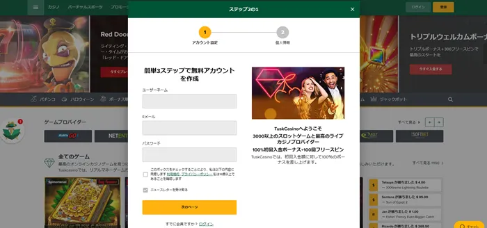 タスクカジノアカウント情報入力画面