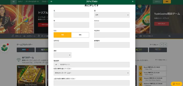 タスクカジノ個人情報入力画面