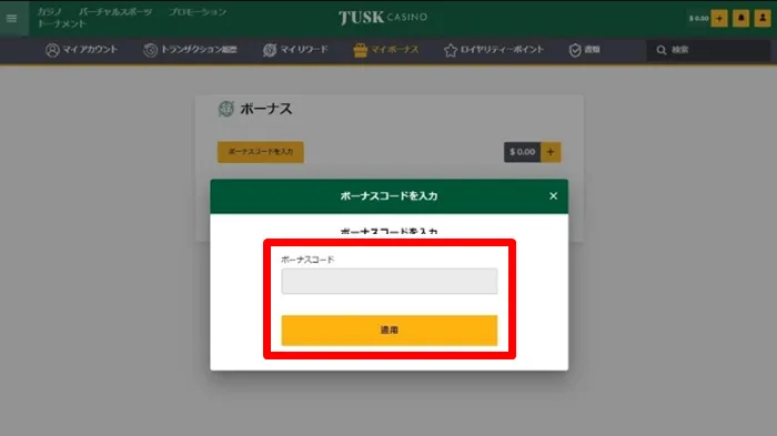 ボーナスコード入力画面