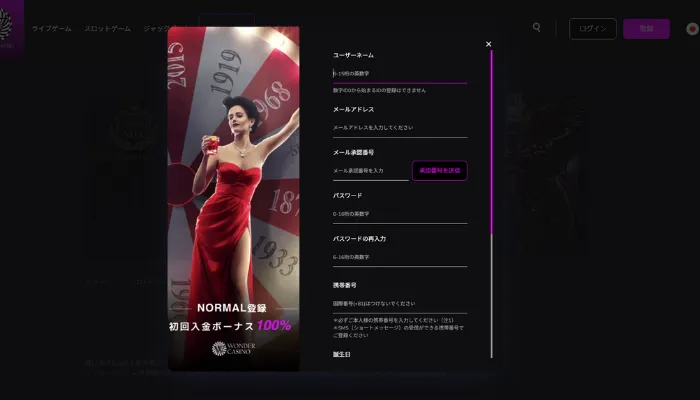 ワンダーカジノ登録（登録者情報）
